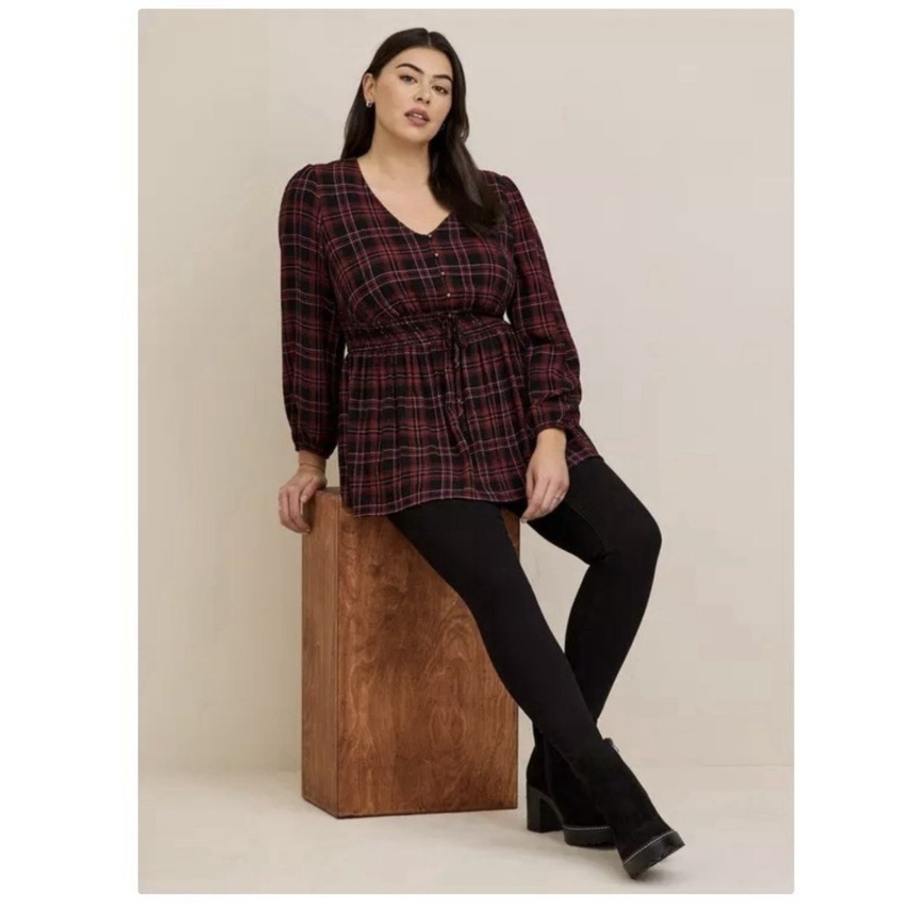 Torrid Plaid Babydoll Flannel Crinkle Gauze‎ Smocked Tie Waist Top Size 1X